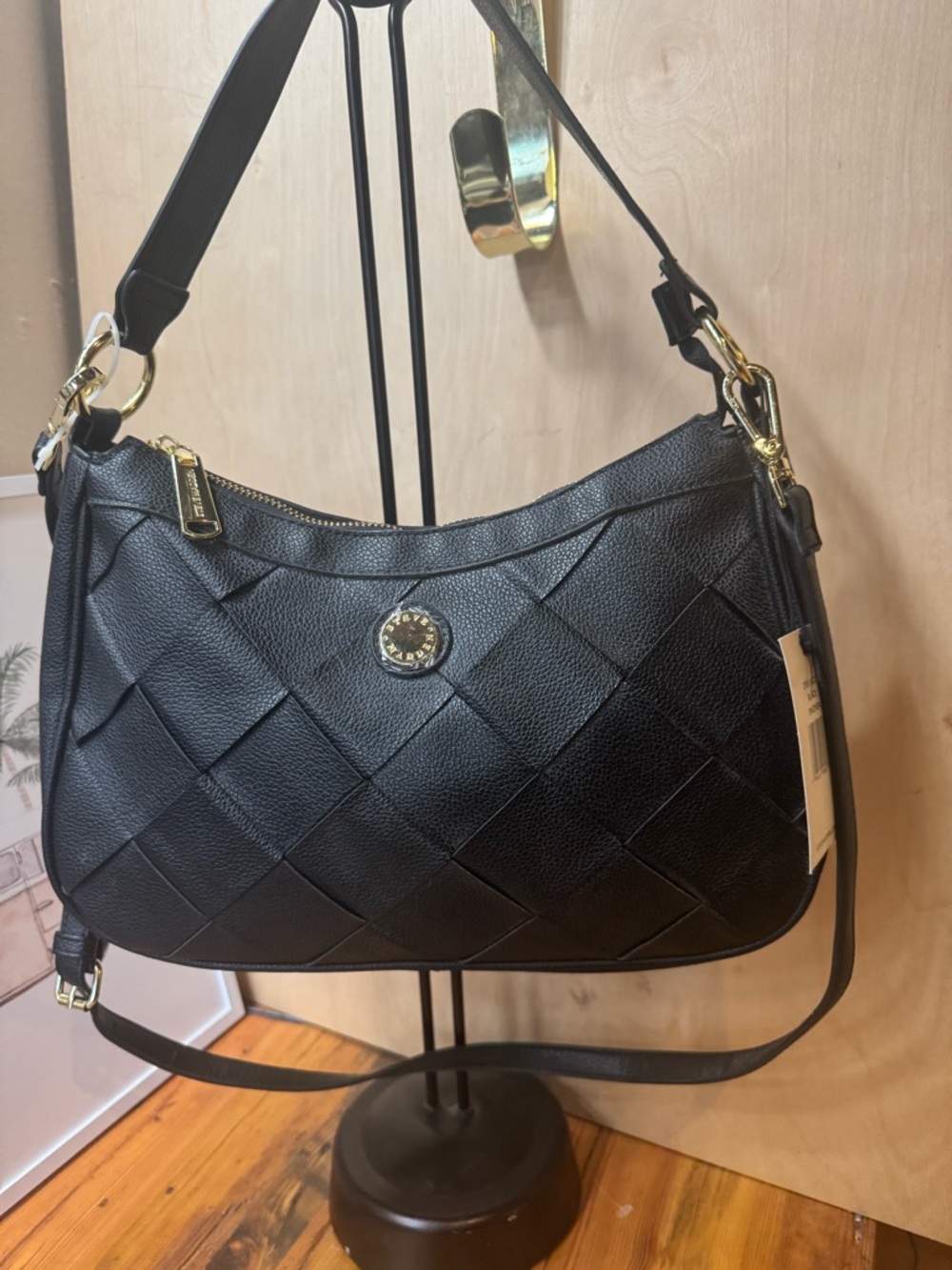 Steve Madden Black Woven Shoulder Bag with Gold Accents